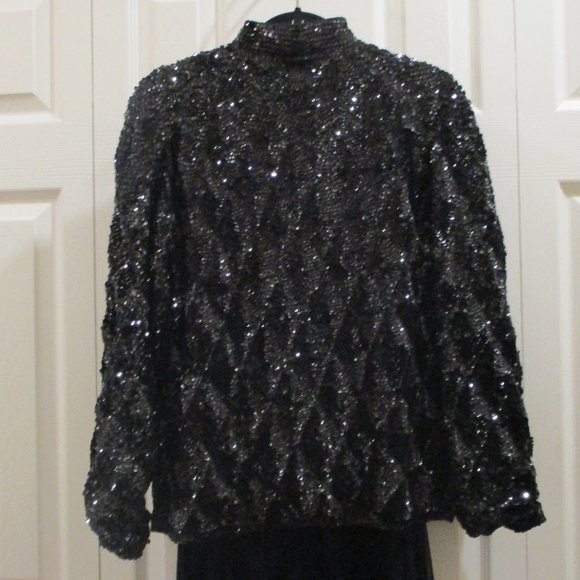 Vintage Black Covered Cocktail Jacket sz L Mandarin Collar - Picture 5 of 10